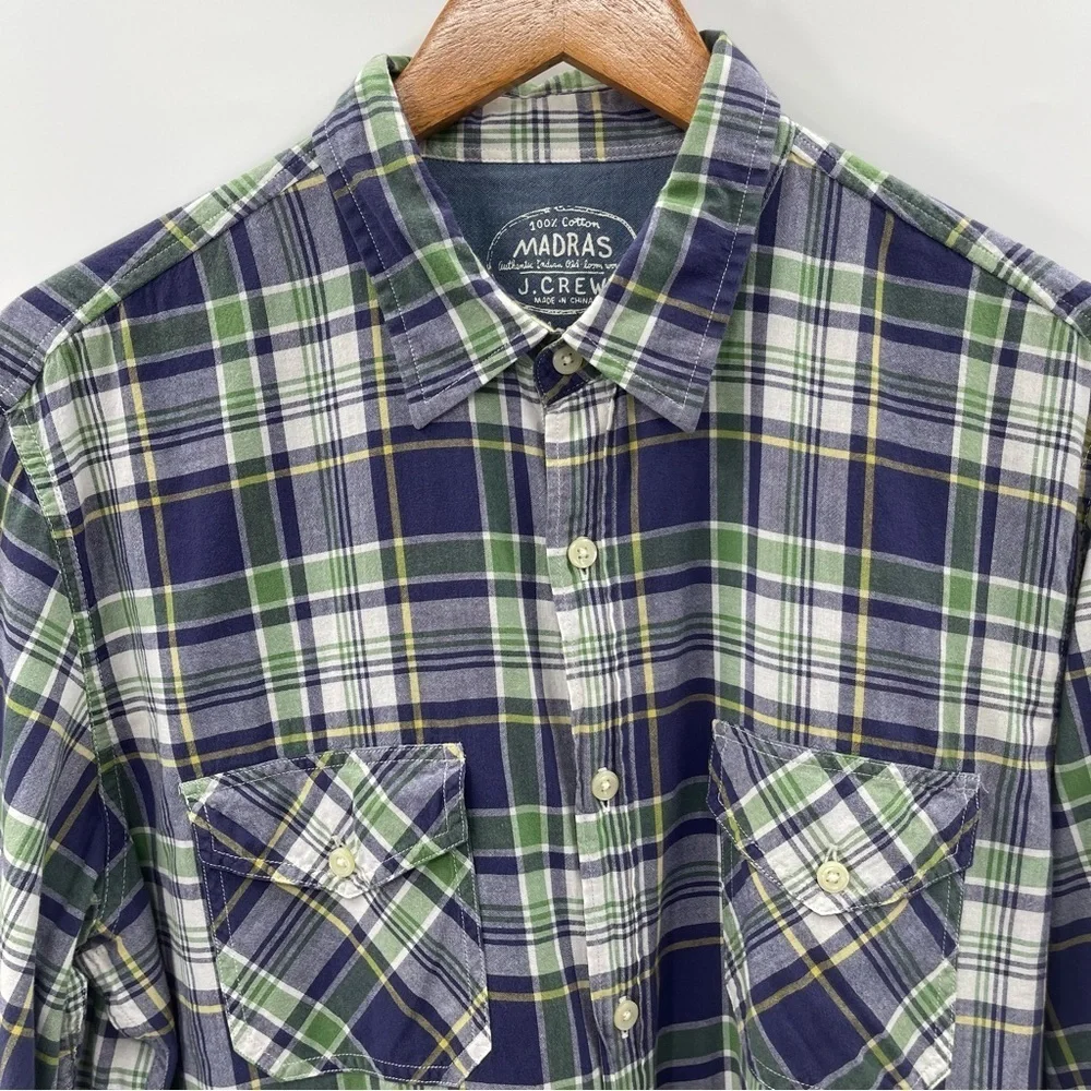 J. Crew Indian Madras Normcore Blue Green Plaid Button Up Grandpa Shirt Large